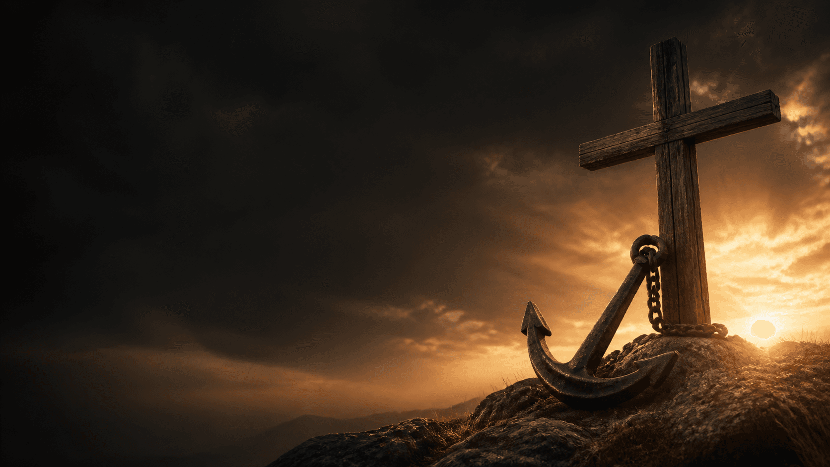 Warm sunrise behind a cross and anchor